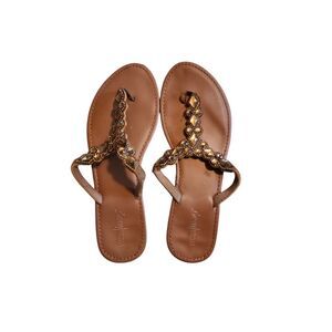 West Loop Womens Sandals Size 7/8 Brown‎ Leather Slip On Flat Thong Rhinestone